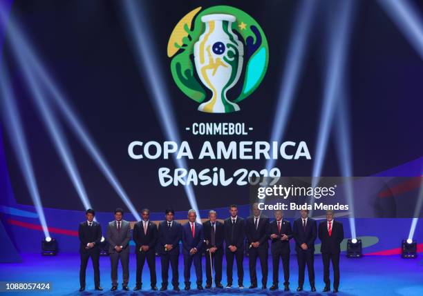 Japan delegation member, Eduardo Villegas of Bolivia, Qatar delegation member, Colombia delegation member, Reinaldo Rueda head coach of Chile, Oscar...