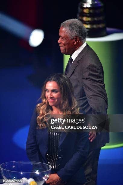 Colombian former footballer Francisco Maturana and Brazilian footballer Marta take part in the draw of the 2019 Copa America football tournament, in...