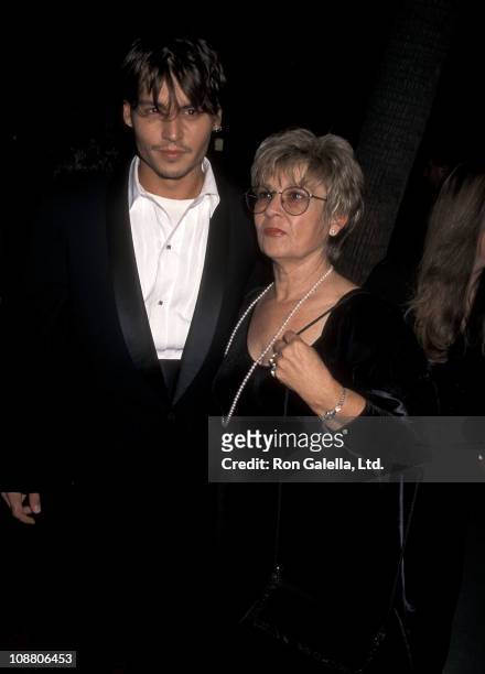 Actor Johnny Depp and mother Betty Sue Wells attend "Nick of Time" Beverly Hills Premiere on November 20, 1995 at Samuel Goldwyn Theatre in Beverly...