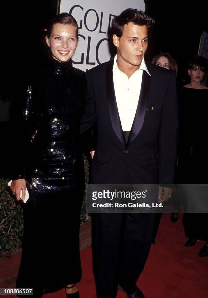 Model Kate Moss and actor Johnny Depp attend the 52nd Annual Golden Globe Awards on January 21, 1995 at Beverly Hilton Hotel in Beverly Hills,...