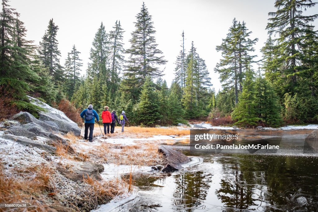 Família de várias gerações, multi-étnica e amigos caminhadas ao redor do Lago deserto congelado