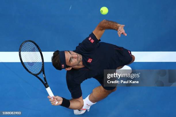 Roger Federer of Switzerland serves to Cameron Norrie of Great Britain during day two of the 2019 Hopman Cup at RAC Arena on December 30, 2018 in...