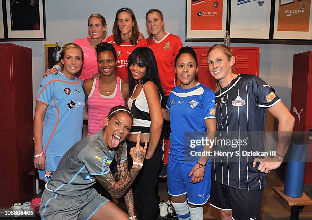 1st Row: Tasha Kai of the Philadelphia Independence, 2nd Row: Allie Long of Sky Blue FC, Karina LeBlanc, singer Fefe Dobson, Alex Scott of the Boston...