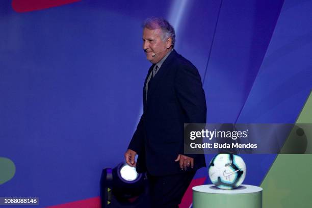 Former Brazilian National Team player Zico walks on stage during the Copa America 2019 Official Draw at Cidade das Artes on January 24, 2019 in Rio...