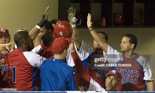 Puertorican Reynaldo Navarro celebrates with teammates the seventh run against Mexico during the sixth inning of the Caribbean Baseball Series game...