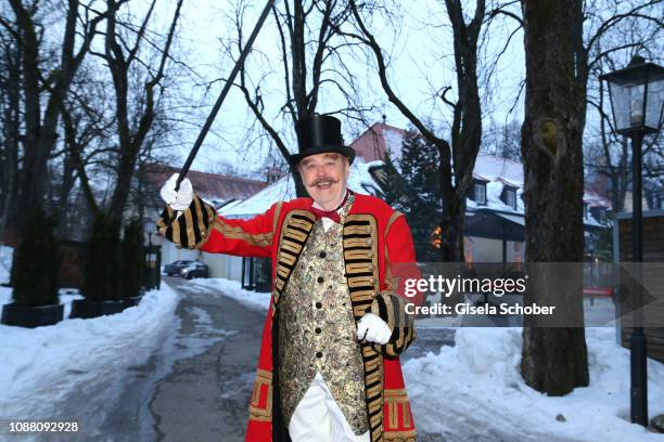 Director Joseph Vilsmaier dressed up as a ringmaster before his 80th birthday party "Das ganze Leben ist Fasching" at Gutshof Menterschwaige on...