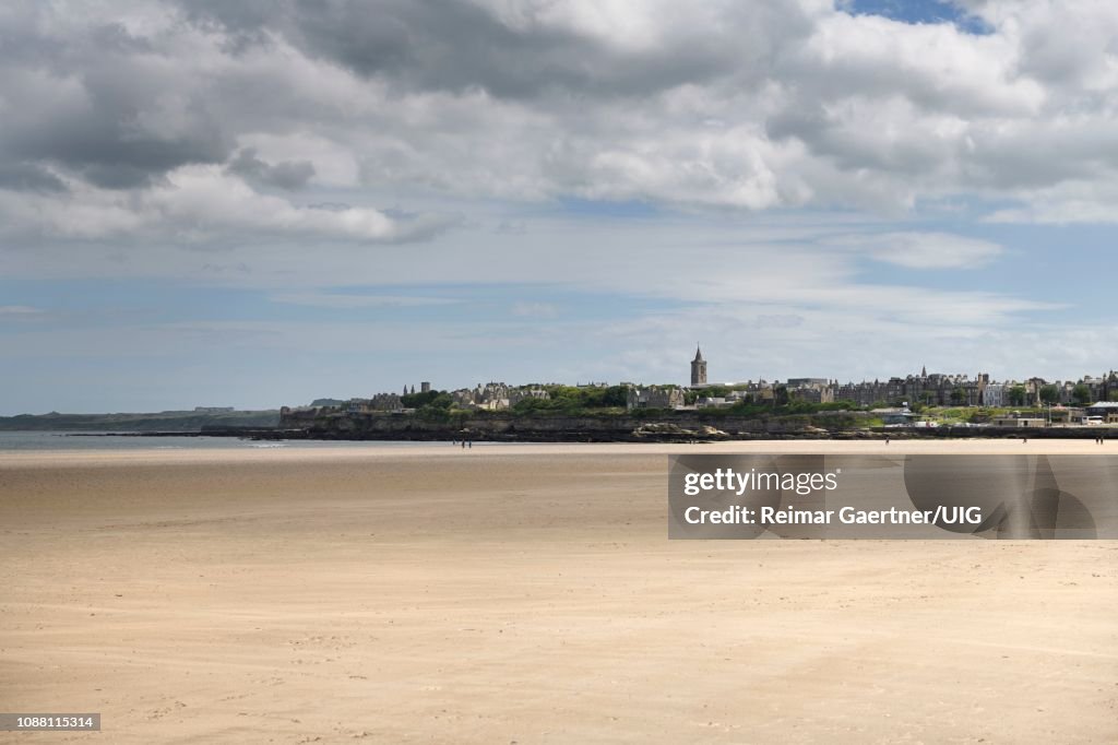 View of St Andrews city skyline from wide West Sands beach used in movie Chariots of Fire on the North Sea Fife Scotland UK