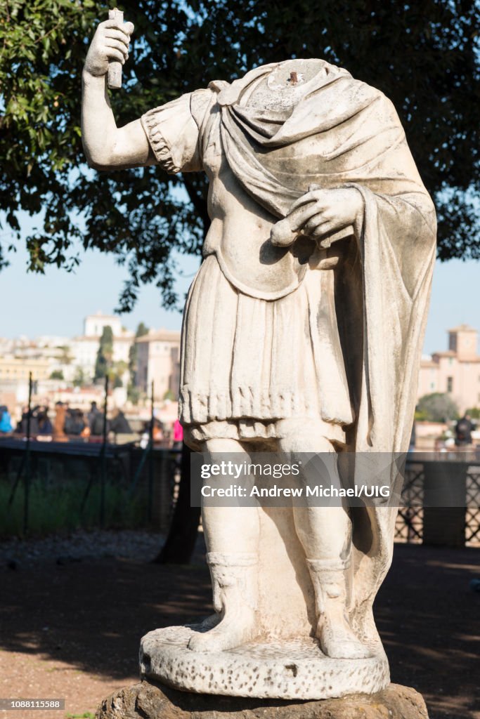 An ancient Roman headless sculpture on Palatine Hill, Rome, Lazio, Italy.