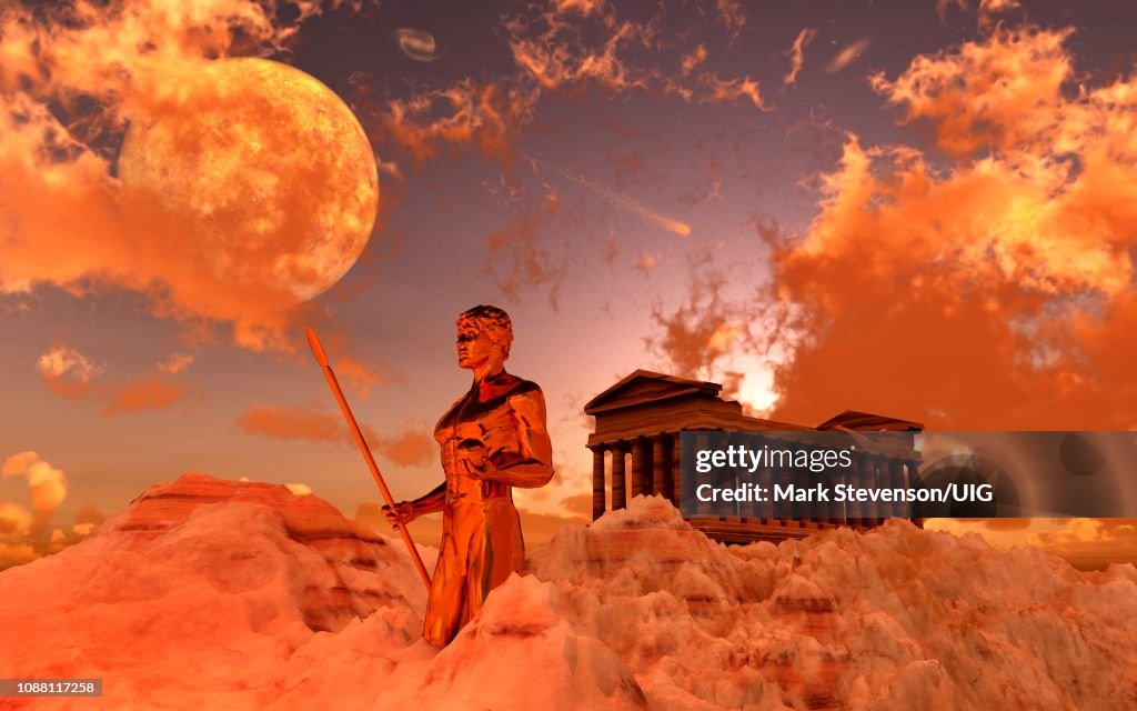 Greek God Guarding Temple On Top Of Mount Olympus