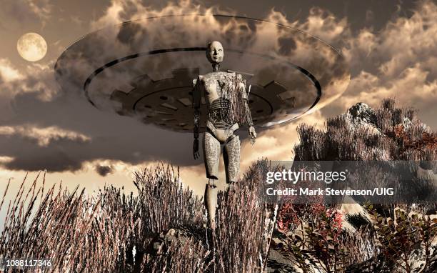 android robot walking through a hostile cold wilderness on an alien planet - snow explorer stock illustrations