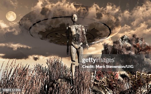 Android Robot Walking Through a Hostile Cold Wilderness on an Alien Planet Android Robot Walking Through a Hostile Cold Wilderness on an Alien Planet