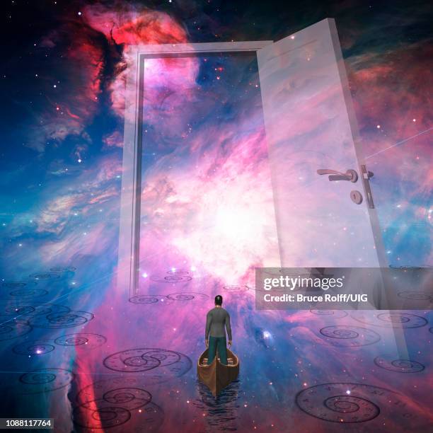 man in boat floating in space - stranger stock illustrations