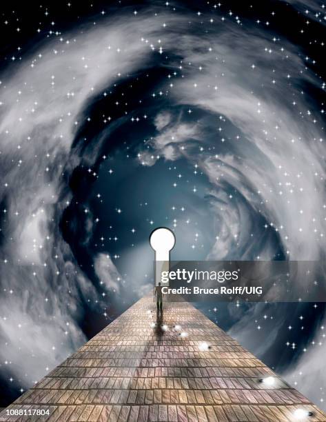 surreal painting. figure of man walking on stone road to the keyhole in space. - haus und extravagant stock-grafiken, -clipart, -cartoons und -symbole