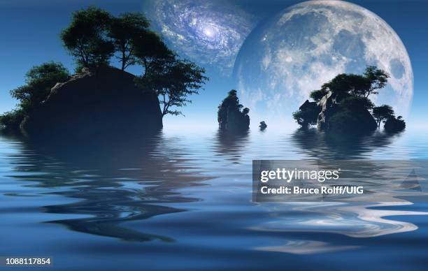 small islands with green trees. big moon rising. - mirage stock illustrations