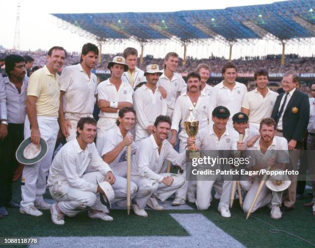 Australia's captain Allan Border and the Australian team celebrate with the Reliance World Cup after winning the World Cup FInal against England at...