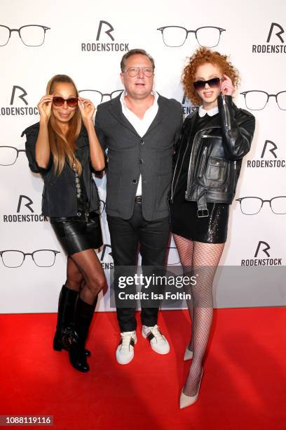 Angela Ermakova, Oliver Kastalio, CEO Rodenstock and Model Anna Ermakova during the Rodenstock Eyewear Show 'A New Vision of Style' at Isarforum on...