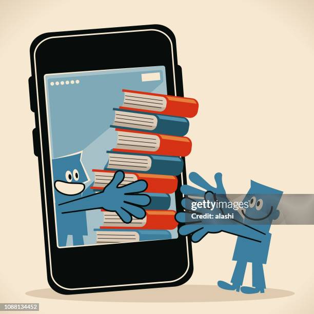 two smiling men with a stack of books and smart phone (ebook) - selling books stock illustrations