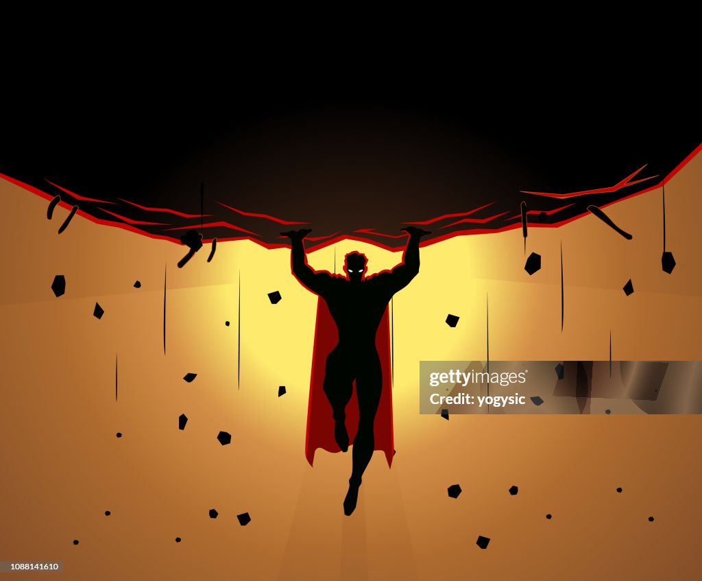 Vector Superhero Lifts a Big Rock Silhouette