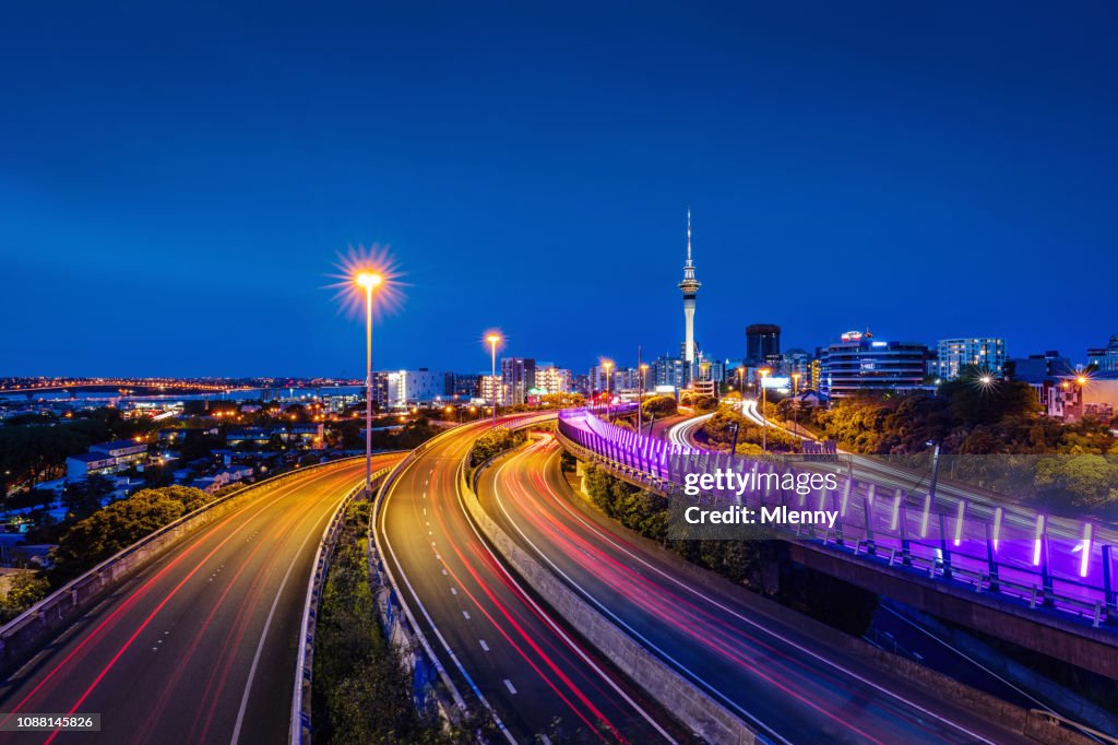 Auckland City Highway Traffic at Night New Zealand