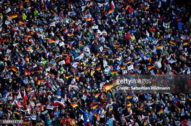 The fans celebrate on day 2 of the 67th FIS Nordic World Cup Four Hills Tournament ski jumping event on December 30, 2018 in Oberstdorf, Germany.