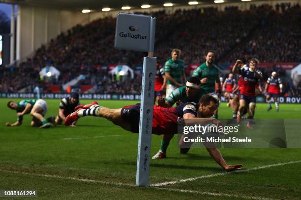 Luke Morahan of Bristol scores his sides third try despite the challenge from Josh Matavesi of Newcastle during the Gallagher Premiership Rugby match...