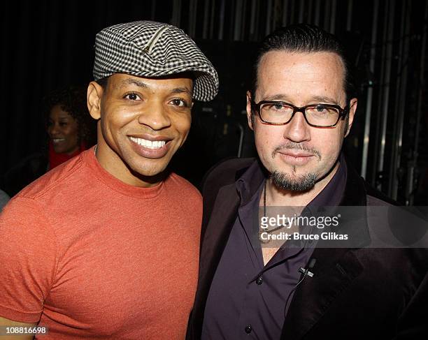 Derrick Baskin and Francois-Henry Bennahmias pose at a special performance of "Memphis" for Inspire Change presented by Audemars Piguet, The Tony...