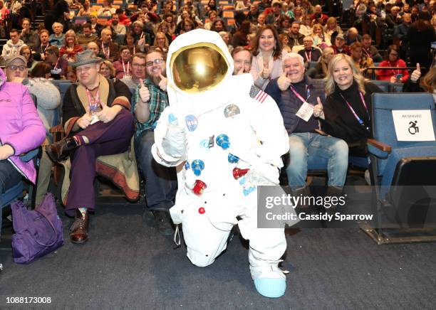 An astronaut poses with the audience during the "Apollo 11" Premiere during the 2019 Sundance Film Festival at The Ray on January 25, 2019 in Park...