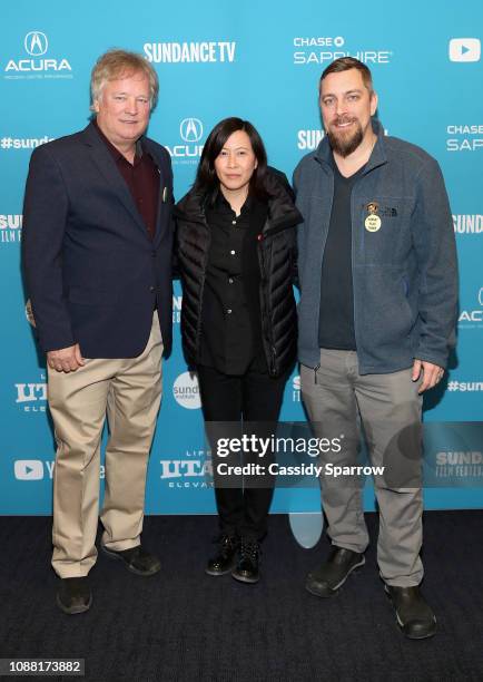 Rick Armstrong, Sundance Film Festival Director of Programming Kim Yutani, and filmmaker Todd Miller attend the "Apollo 11" Premiere during the 2019...