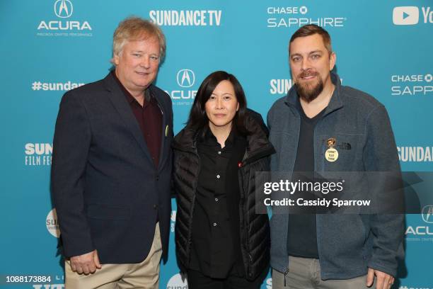 Rick Armstrong, Sundance Film Festival Director of Programming Kim Yutani, and filmmaker Todd Miller attend the "Apollo 11" Premiere during the 2019...