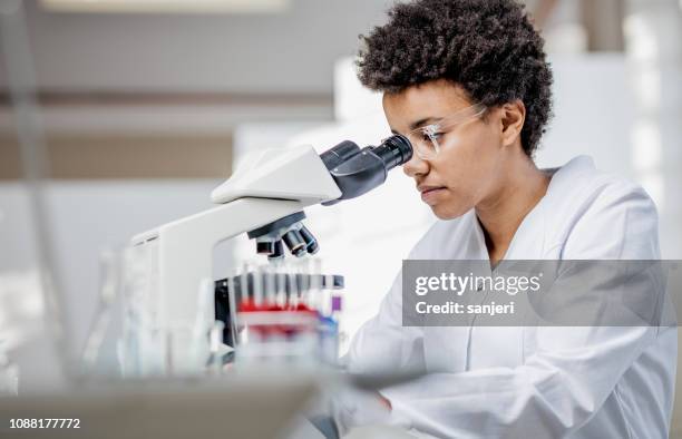 joven científico trabajando con el microscopio - hematología fotografías e imágenes de stock