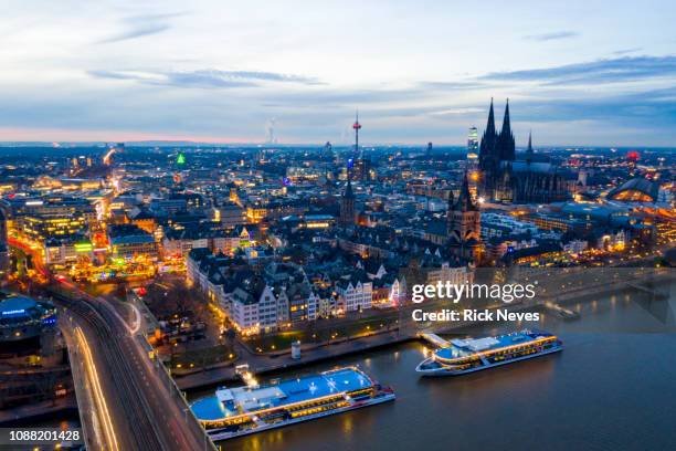 aerial view from cologne at night - lit cologne 2018 stock pictures, royalty-free photos & images