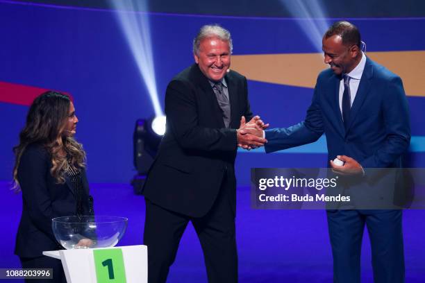 Formers Brazilian National Football team players Zico and Cafu during the Copa America 2019 Official Draw at Cidade das Artes on January 24, 2019 in...
