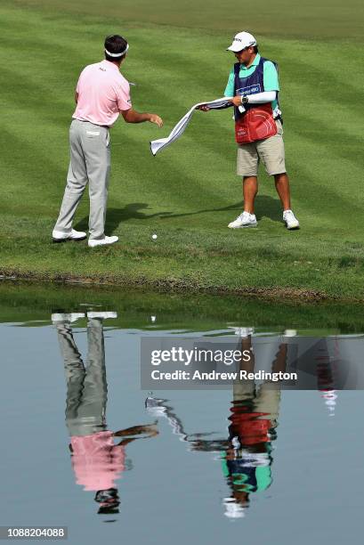 Gonzalo Fernandez-Castano takes a drop on hole thirteen during Day Two of the Omega Dubai Desert Classic at Emirates Golf Club on January 25, 2019 in...