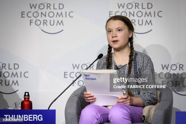 Swedish youth climate activist Greta Thunberg delivers a speech during the closing day of the World Economic Forum annual meeting, on January 25,...