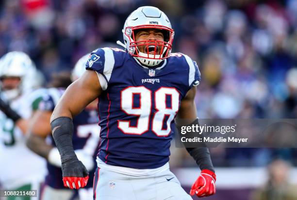 Trey Flowers of the New England Patriots reacts during the third quarter of a game against the New York Jets at Gillette Stadium on December 30, 2018...