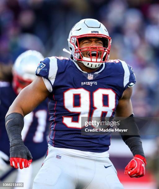 Trey Flowers of the New England Patriots reacts during the third quarter of a game against the New York Jets at Gillette Stadium on December 30, 2018...