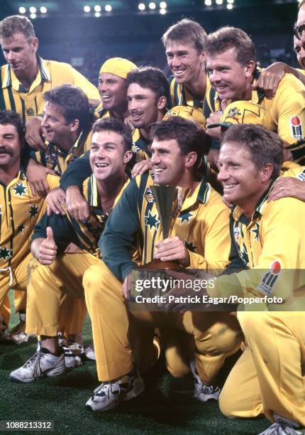 Mark Taylor, captain of Australia , celebrates with his team after Australia won the Benson and Hedges World Series Cup, beating Australia A by 6...
