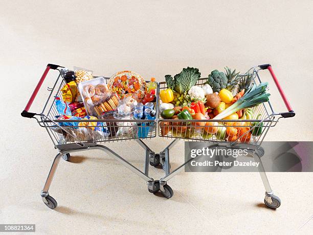 healthy vs unhealthy shopping trolleys - unhealthy food stock pictures, royalty-free photos & images