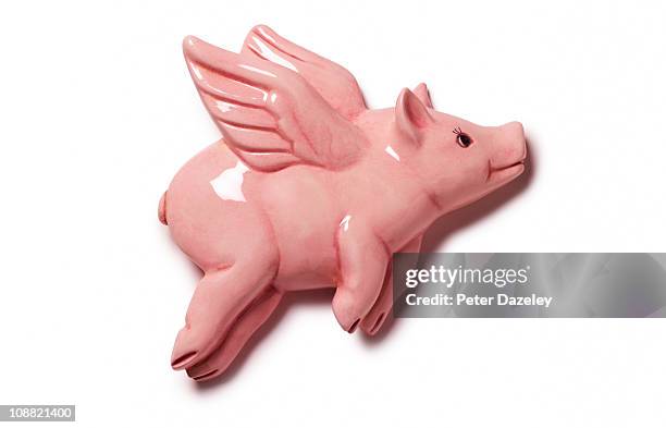 porcelain pink flying pig on white background - kitsch bildbanksfoton och bilder