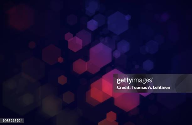 colorful hexagons on dark blue background - hexagon stock pictures, royalty-free photos & images