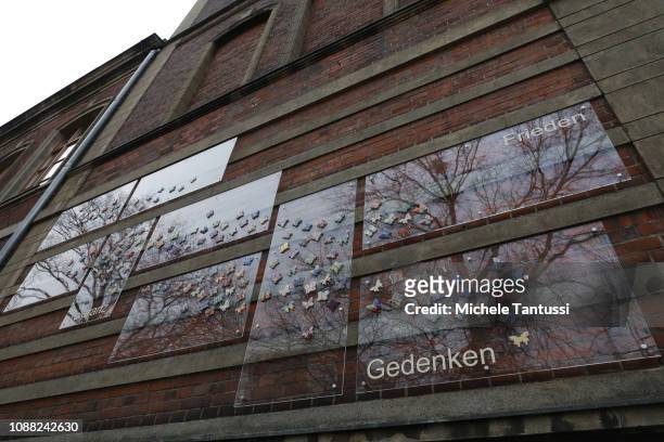 The Word Remembrance stands on the memorial of tiles decorated with butterflies dedicated to Jewish children who died in the Holocaust at the Bewegte...