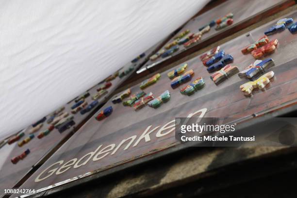 The Word Remembrance stands on the memorial of tiles decorated with butterflies dedicated to Jewish children who died in the Holocaust at the Bewegte...