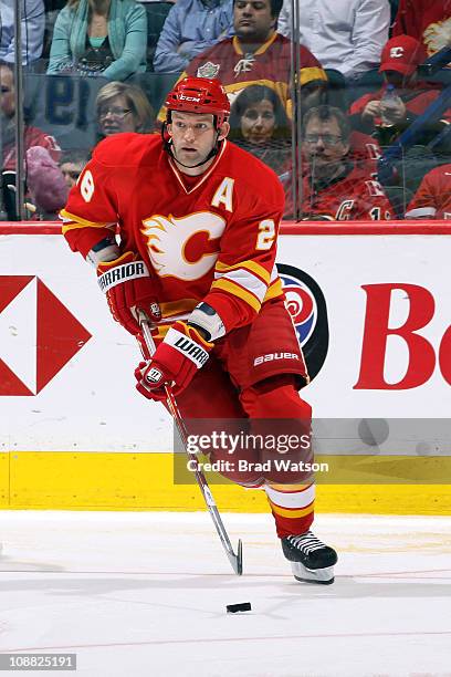 Robyn Regehr of the Calgary Flames skates against the St. Louis Blues on January 26, 2011 at the Scotiabank Saddledome in Calgary, Alberta, Canada....