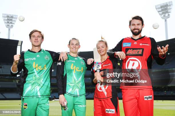 Stars players Adam Zampa and Erin Osborne and Renegades players Danni Wyatt and Kane Richardson pose with YMCA and School Of Rock kids during a...