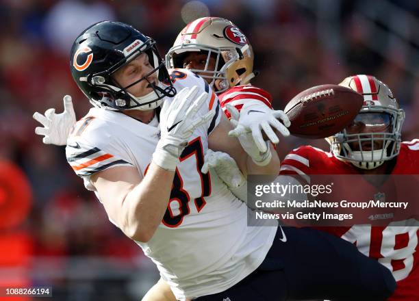 San Francisco 49ers' Antone Exum Jr. And San Francisco 49ers' Fred Warner break-up a pass intended for Chicago Bears' Adam Shaheen in the end zone in...