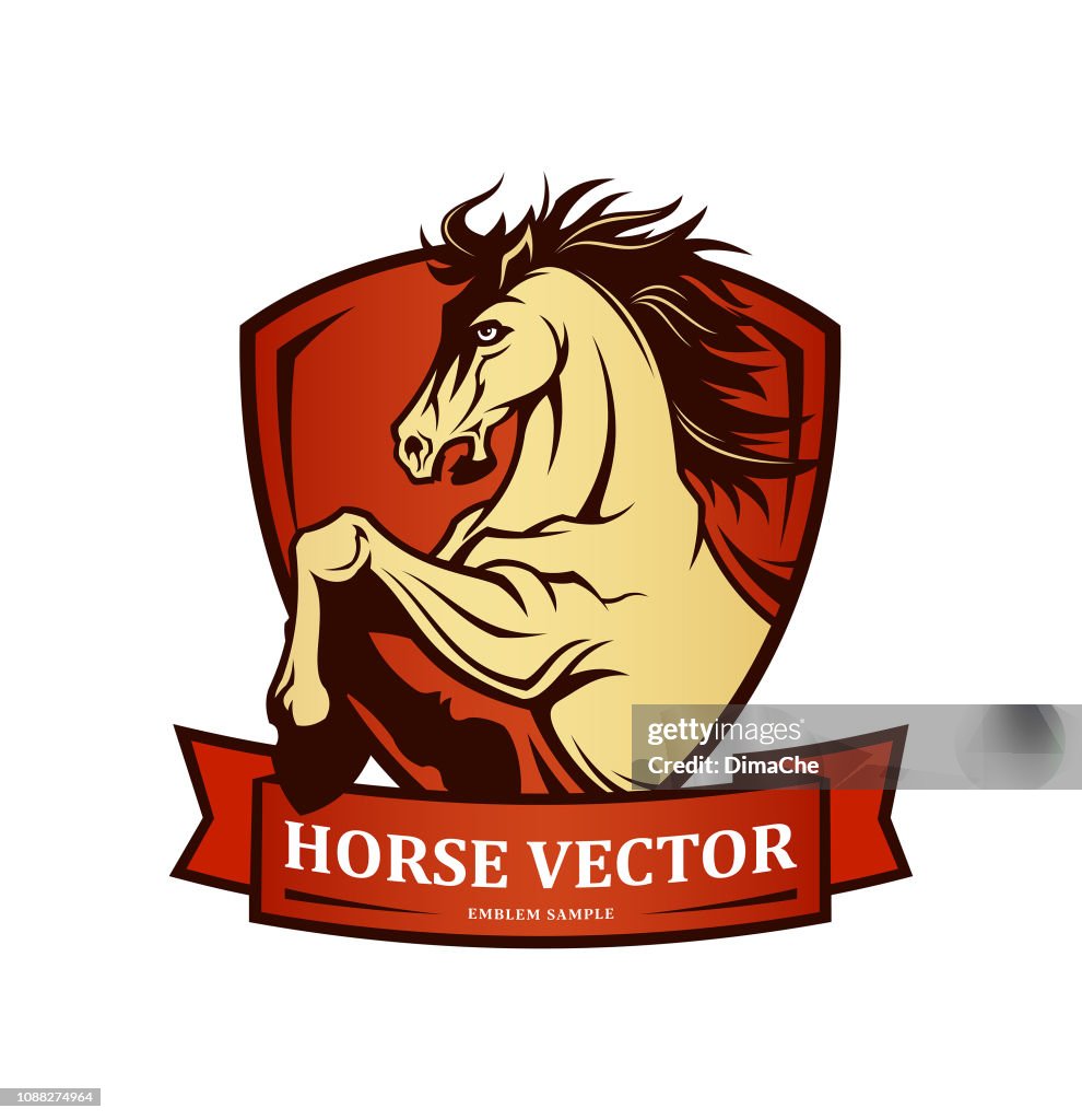 Horse symbol on shield - vector emblem with changeable text on ribbon