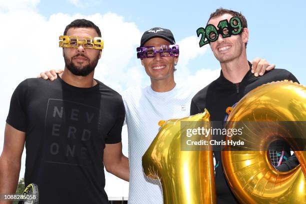 Jo-Wilfried Tsonga, Rafael Nadal and Andy Murray pose during day two of the 2019 Brisbane International at Pat Rafter Arena on December 31, 2018 in...