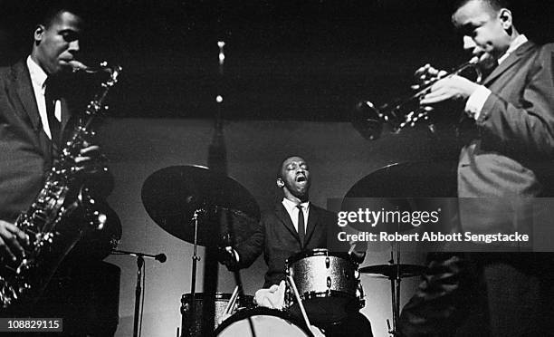 Art Blakey and the Jazz Messengers play at the Birdhouse, a Chicago jazz club, 1961. From left, Wayne Shorter on saxophone, Art Blakey on drums, and...