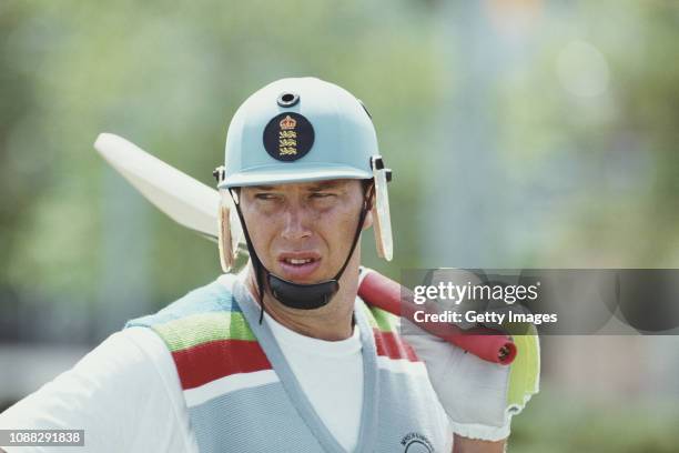 England cricketer Derek Pringle looks on during a net session ahead of their 1992 Cricket World Cup match against Australia on March 4, 1992 in...