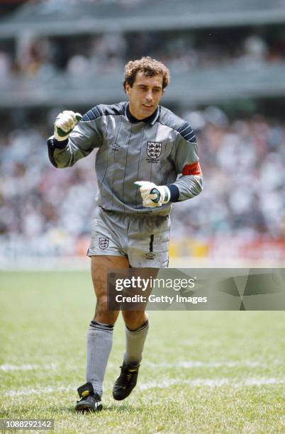 England goalkeeper Peter Shilton celebrates England's goal during the FIFA 1986 World Cup quarter-finals defeat by Argentina in the Azteca stadium on...